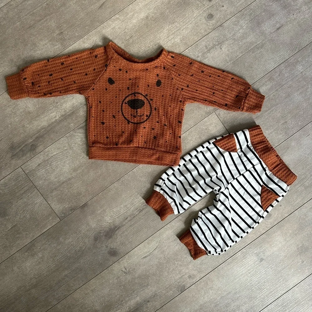 Boutique Baby Boy Thermal Bear Long Sleeve & Matching Striped Jogger Pants 3-6M